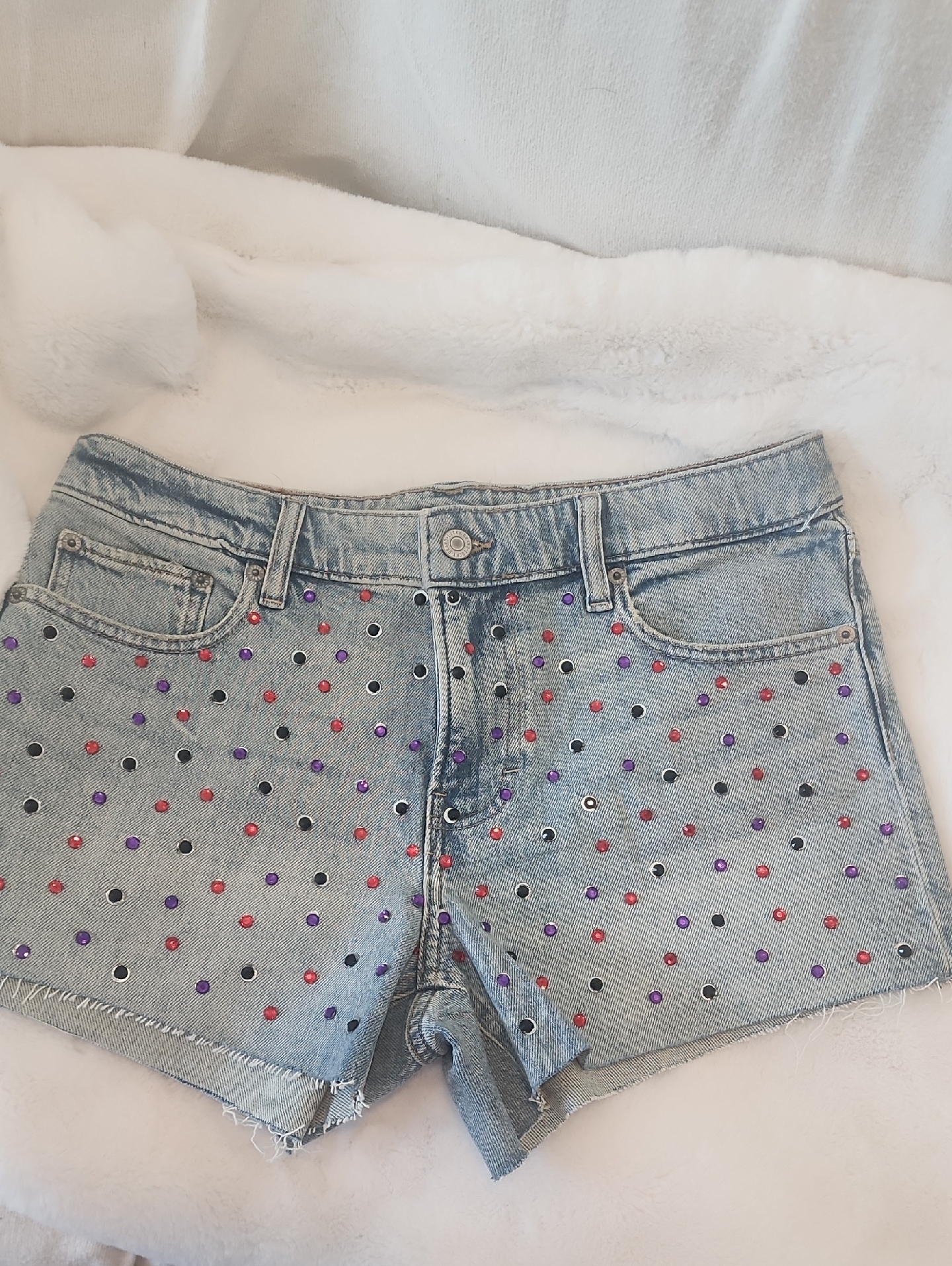 Lucky Brand Light Blue Denim Shorts With Red, Purple And Black Rhinestones